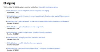 Screenshot of Actions changelog