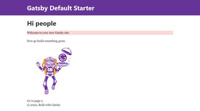 Index page of Gatsby starter default with a paragraph with a light red background applied with a Tailwind utility class